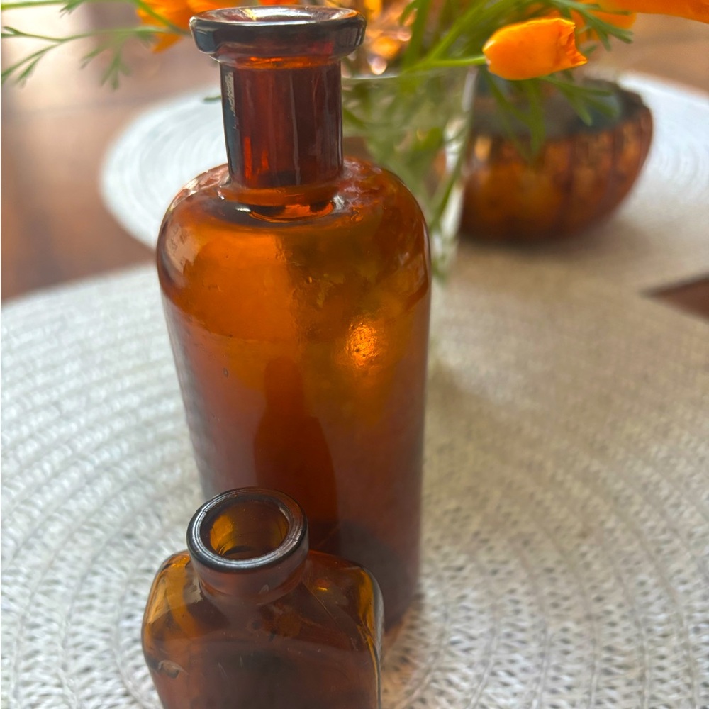 2 Vintage Amber Glass poison / medicine Bottles